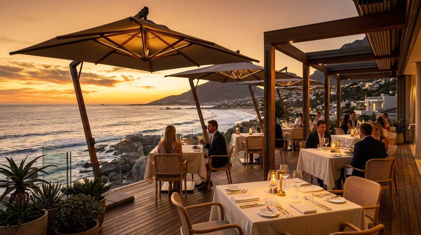 Luxury coastal outdoor restaurant terrace with dining umbrellas and tables overlooking the ocean