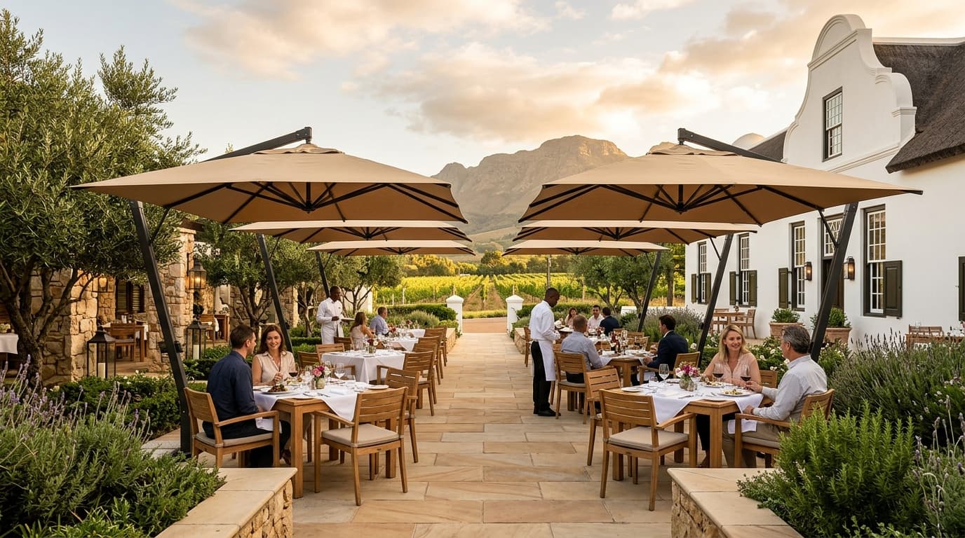 Luxury outdoor dining terrace with commercial cantilever umbrellas and ambient lighting